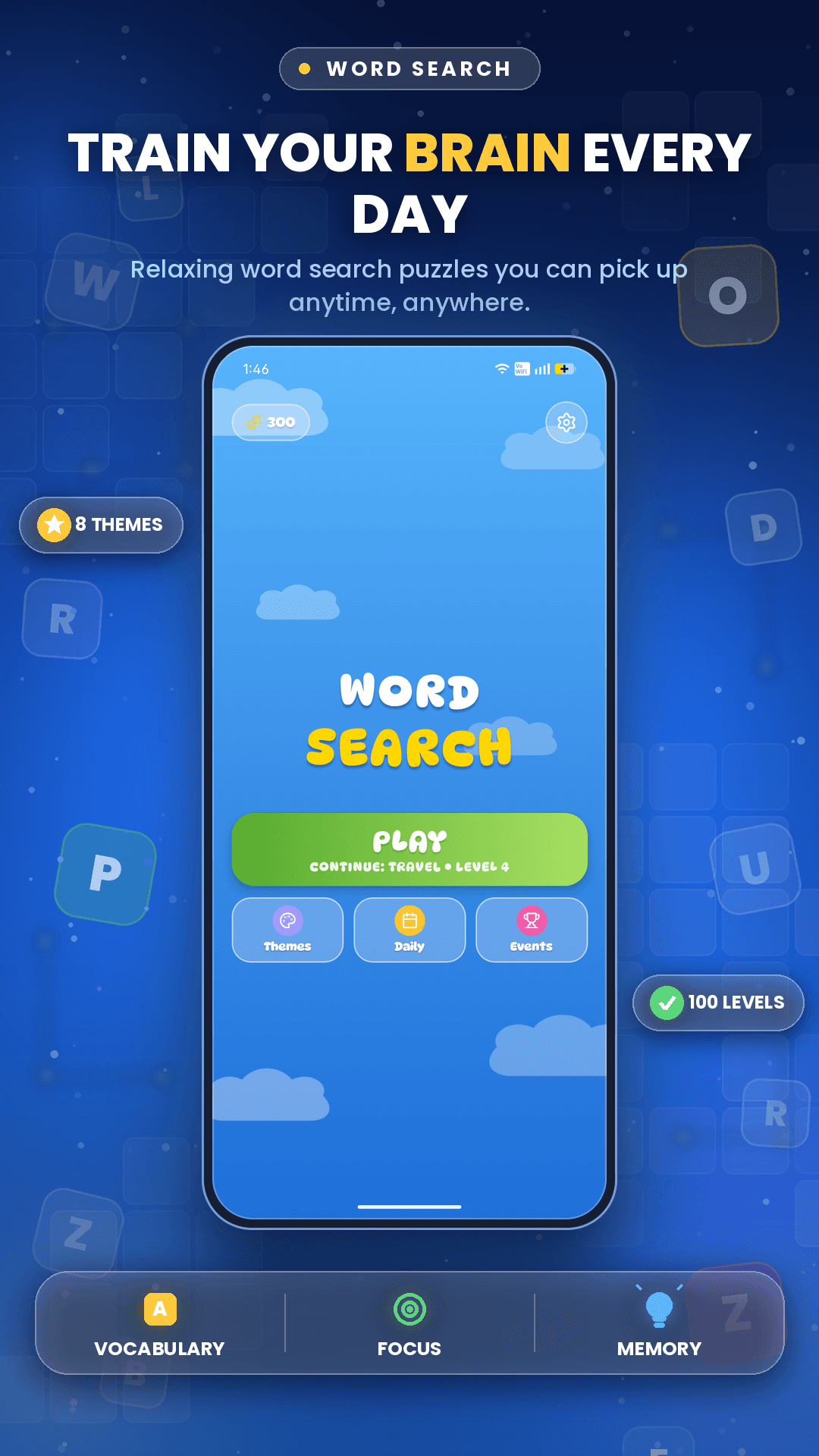 Words Search: Crossword home screen with the play button and puzzle categories