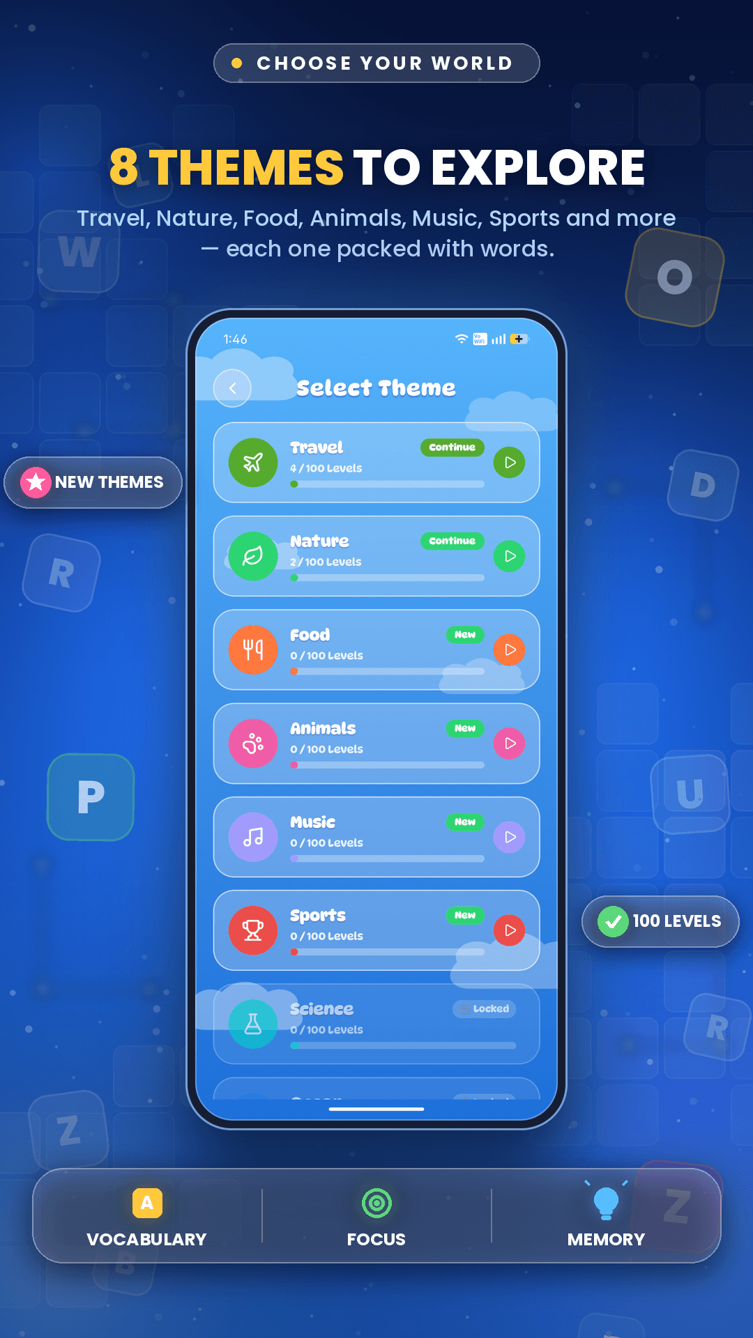 Words Search: Crossword theme picker showing different colour themes for the board