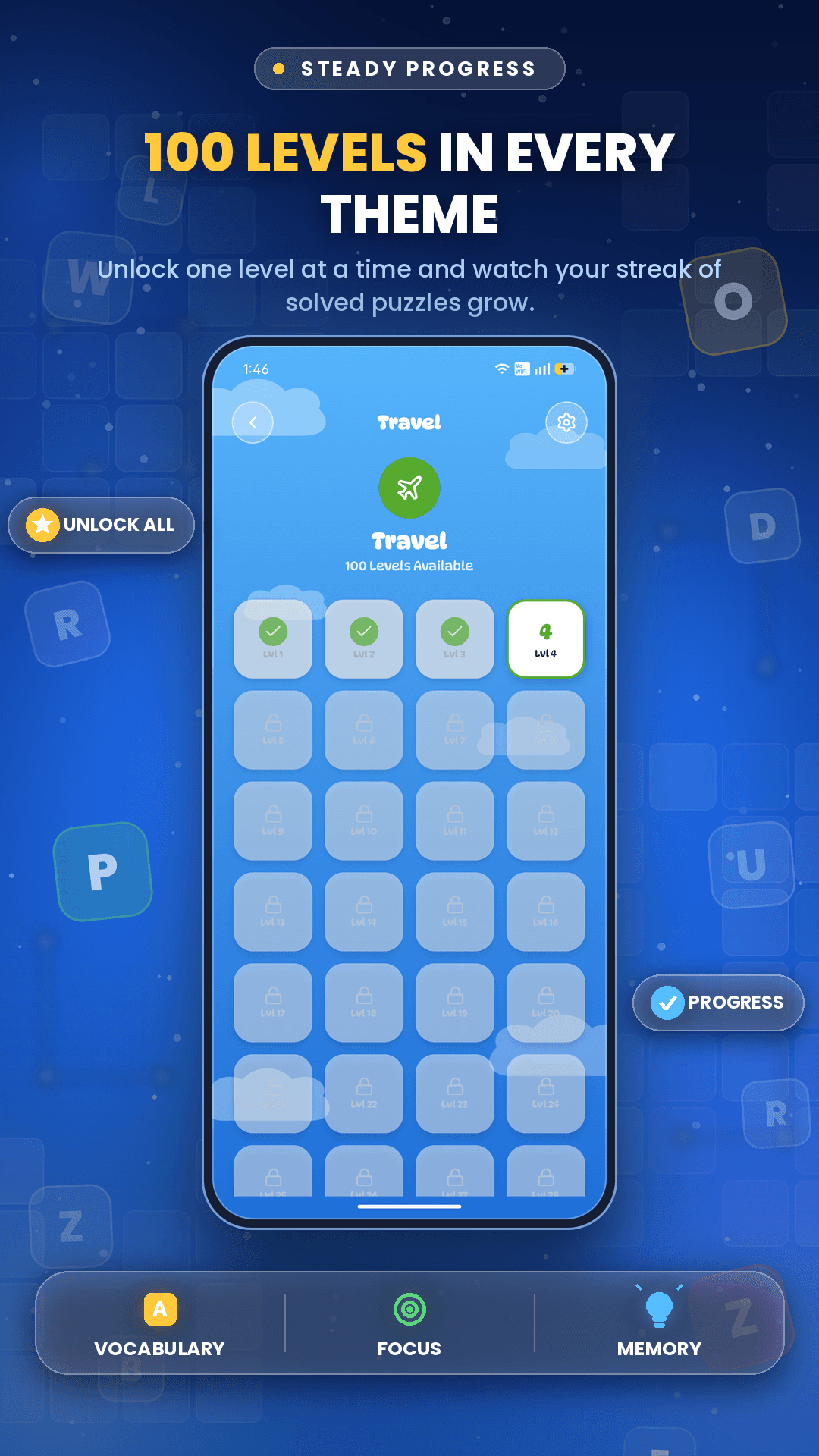 Words Search: Crossword level select screen showing progress across multiple puzzles