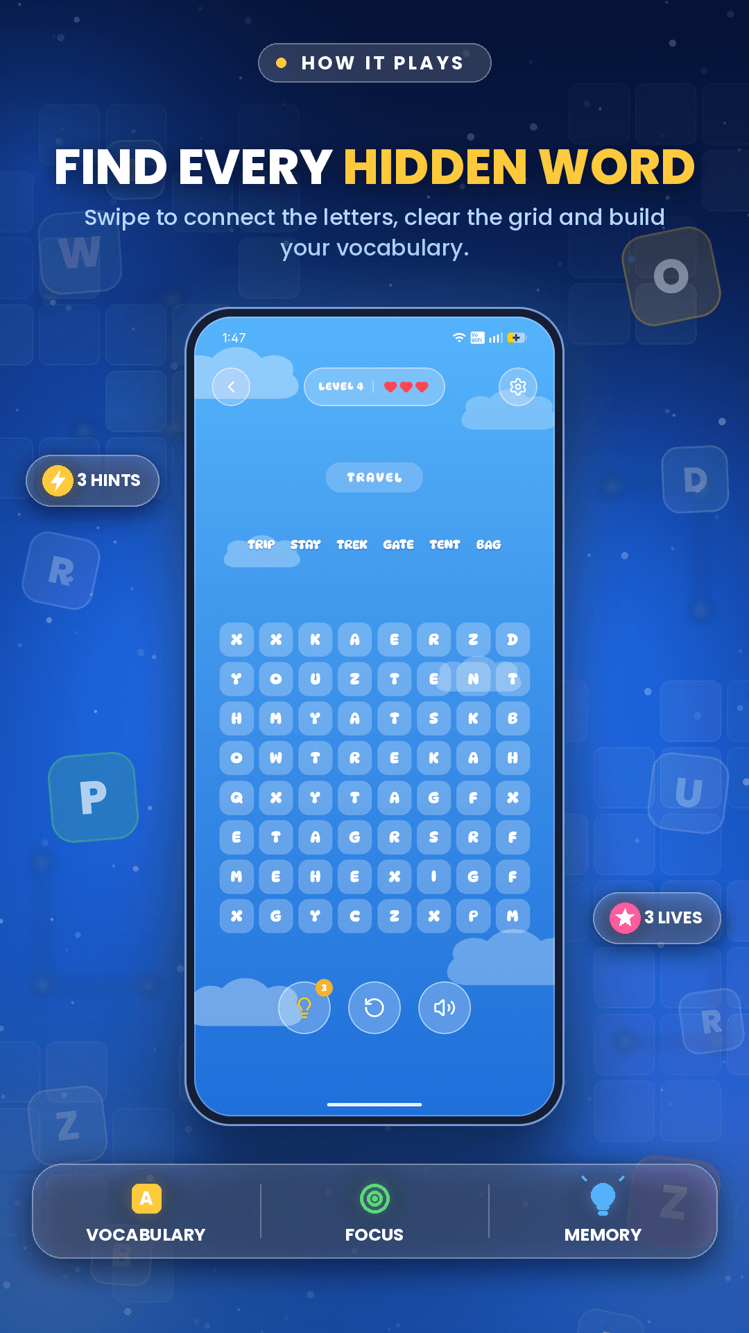 Words Search: Crossword gameplay screen with a letter grid and words being traced across it