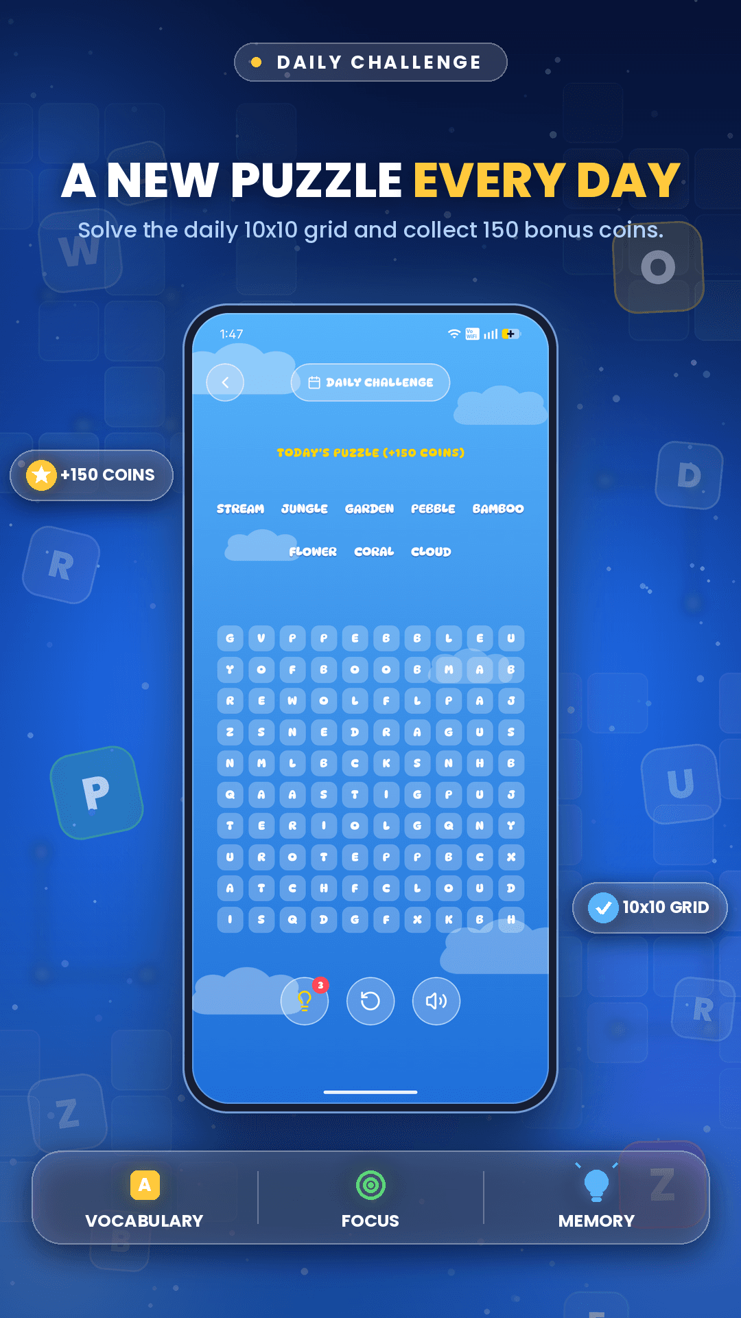 Words Search: Crossword daily challenge screen with a calendar of puzzles to complete