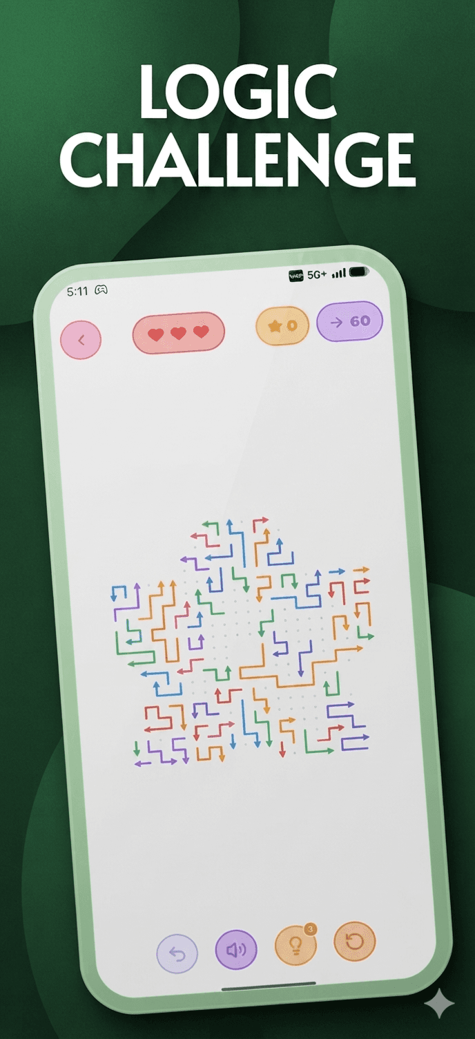 Arrow Game logic challenge board shaped like a star, with lives, score and moves counters