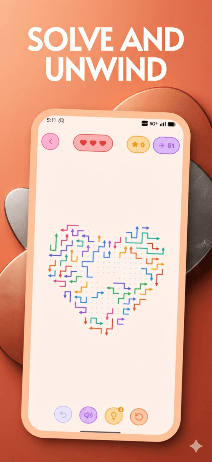 Arrow Game heart-shaped puzzle board with hint, undo and restart controls
