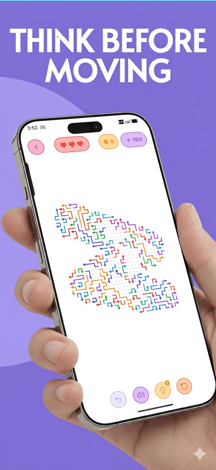 Arrow Game dense puzzle board held in one hand, showing 108 remaining moves