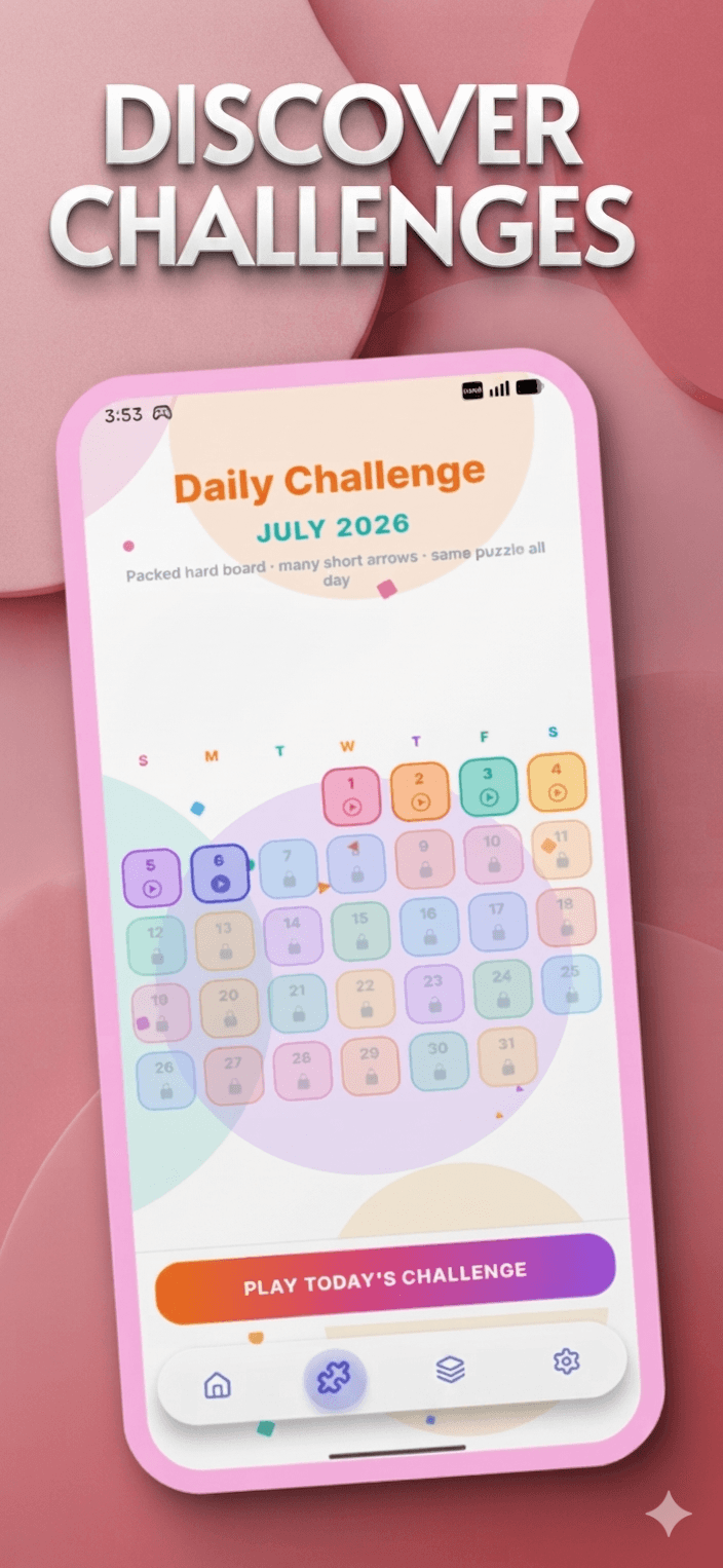Arrow Game daily challenge calendar with a play today’s challenge button