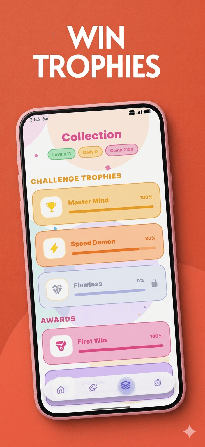Arrow Game collection screen showing challenge trophies, awards and coins earned