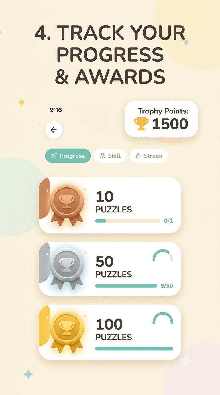 Shikaku progress screen with trophy points and bronze, silver and gold puzzle medals