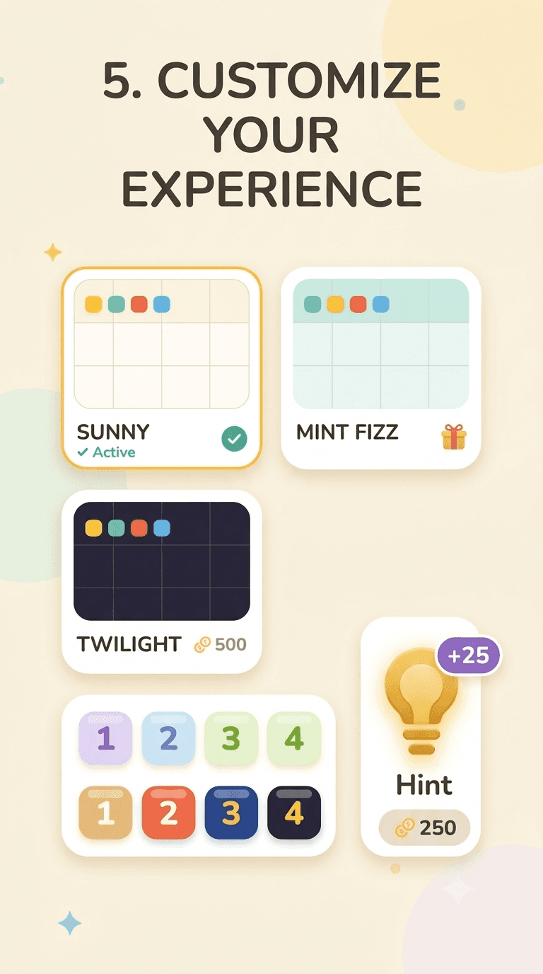 Shikaku theme picker showing Sunny, Mint Fizz and Twilight board themes and a hint
