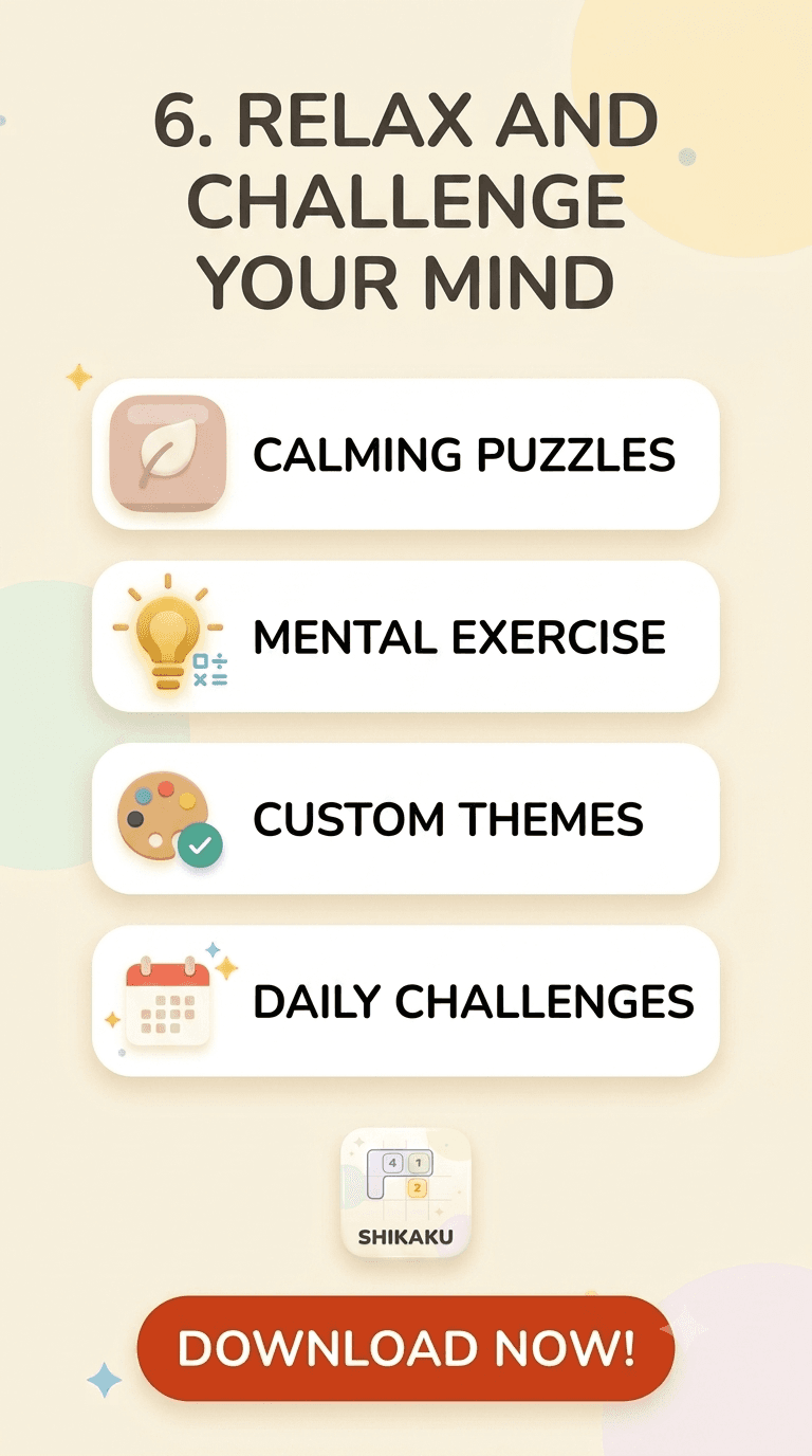 Shikaku feature list: calming puzzles, mental exercise, custom themes and daily challenges